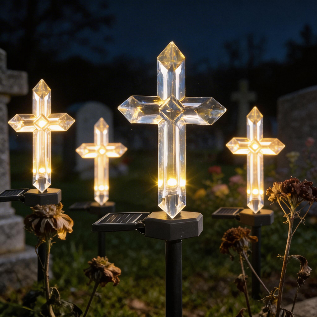 Set 4 Cruci Solare Decorative LED Alb Cald pentru Gradina si Cimitir – Iluminare Automata