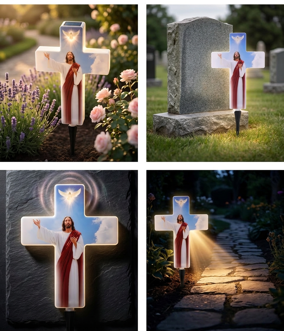 ✝️ Cruce Solara Decorativa LED – Lumina Calda pentru Comemorare si Liniste