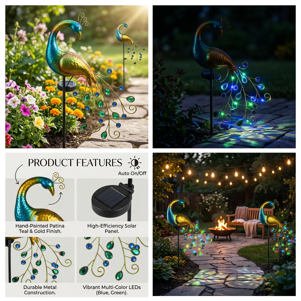 Lampa Solara Decorativa Paun LED – Iluminare Eleganta pentru Gradina Ta