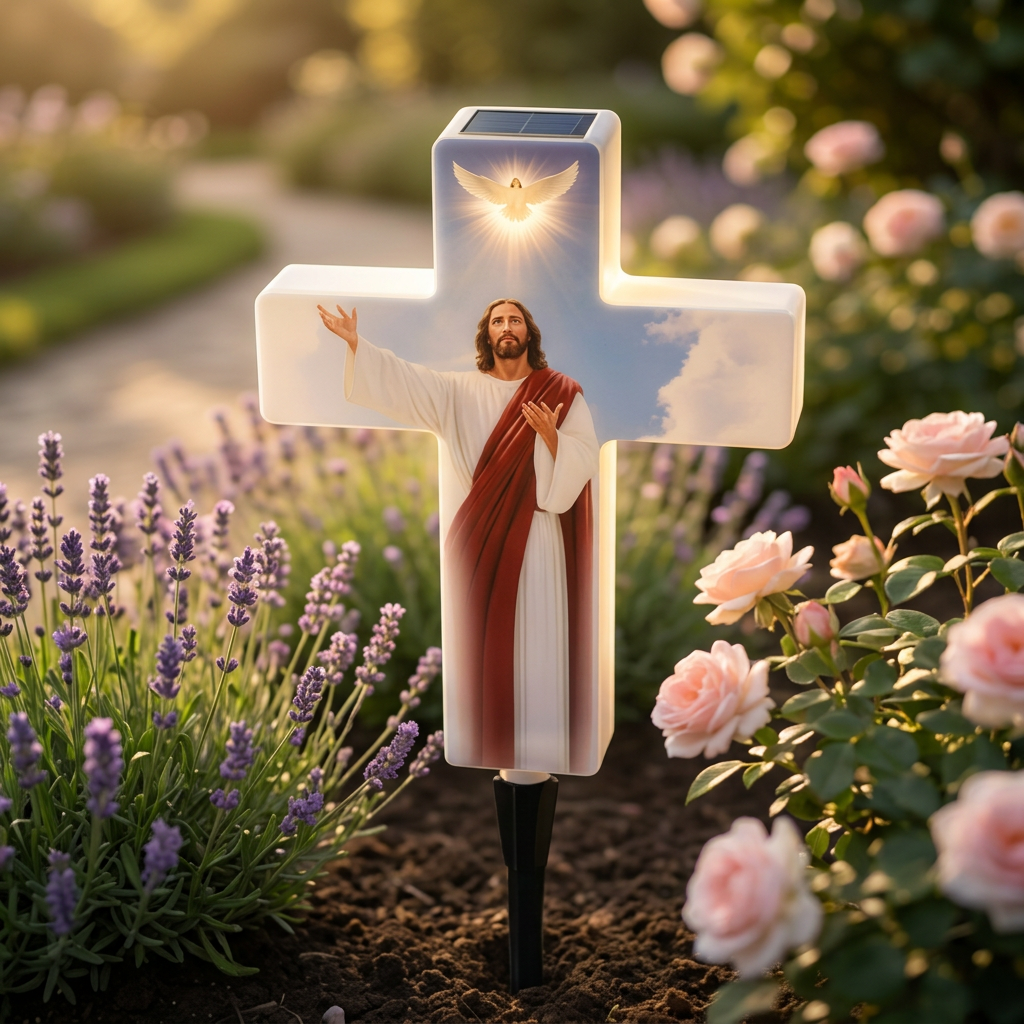 ✝️ Cruce Solara Decorativa LED – Lumina Calda pentru Comemorare si Liniste