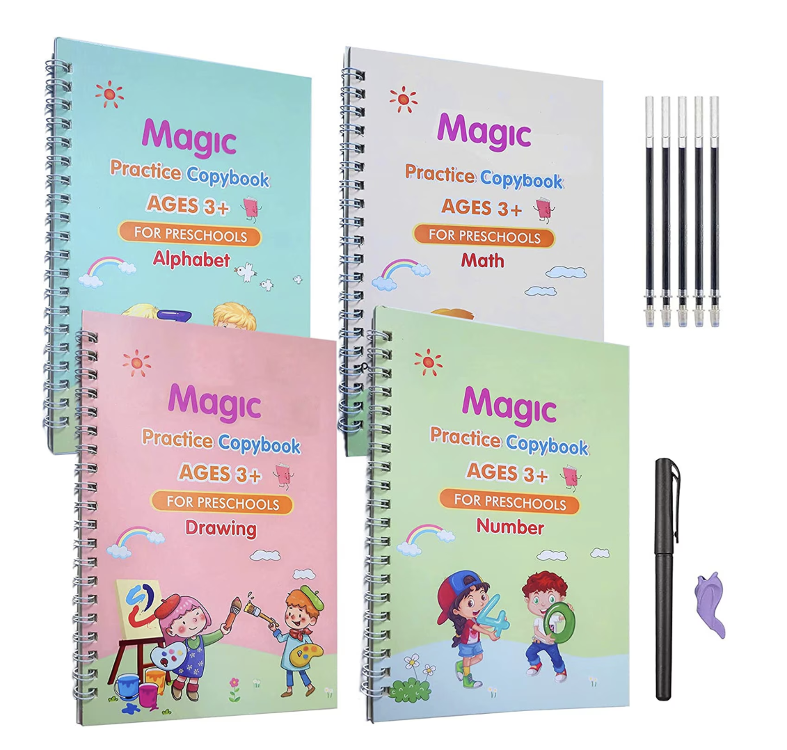 Set cu 4 caiete de lucru si stilou magic pentru scris si desenat Sank Magic, rechizite scolare, multicolor, 19 cm X 13 cm