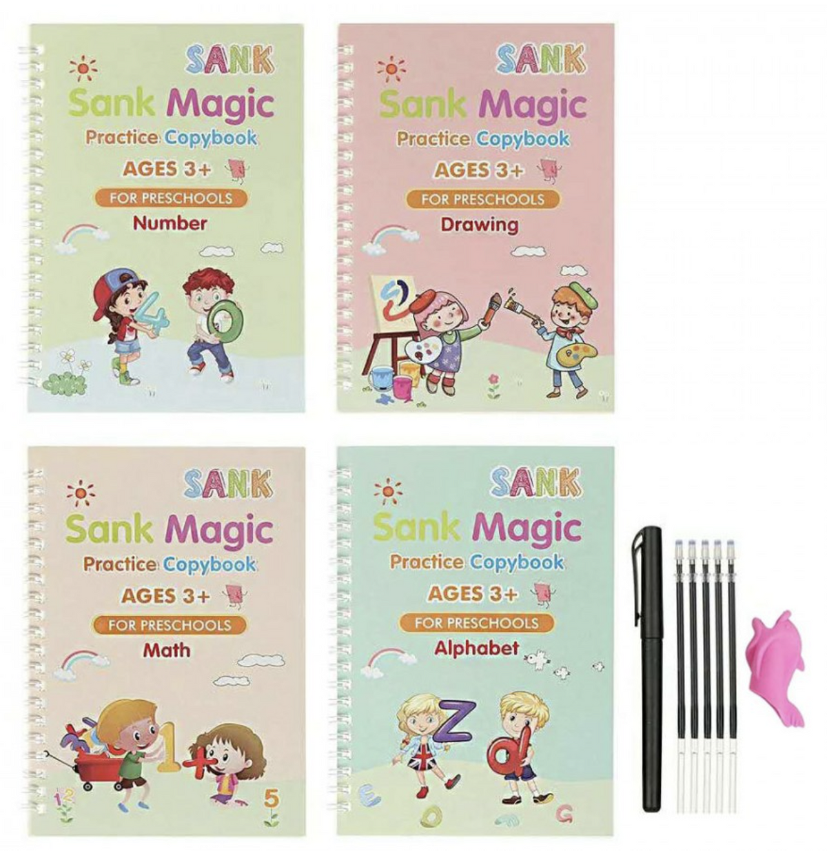 Set cu 4 caiete de lucru si stilou magic pentru scris si desenat Sank Magic, rechizite scolare, multicolor, 19 cm X 13 cm