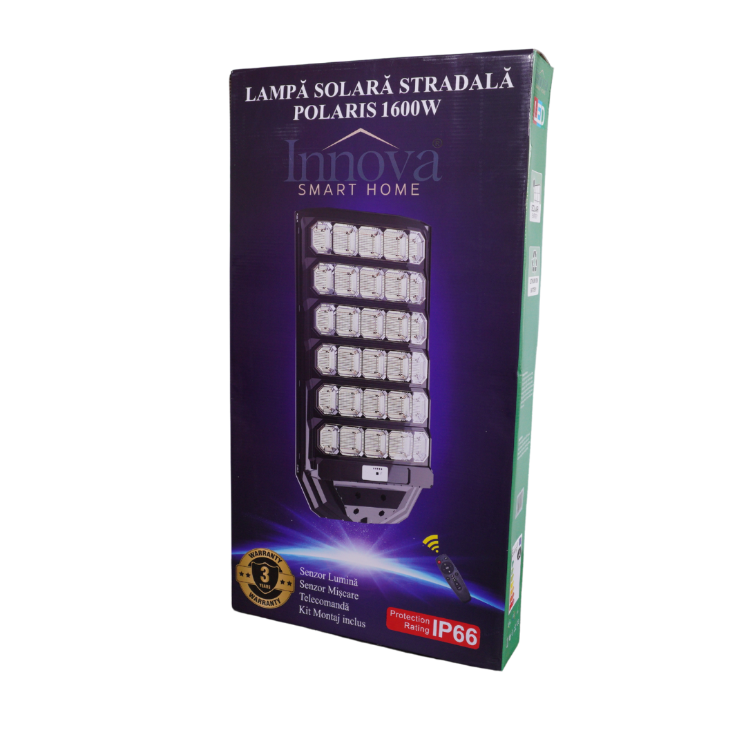 Lampa Solara Stradala Polaris Innova 1600W – LED 120 000 lm, Senzor Lumina/Miscare si Telecomanda, IP66 & Suport Prindere+Cadou Surpriza