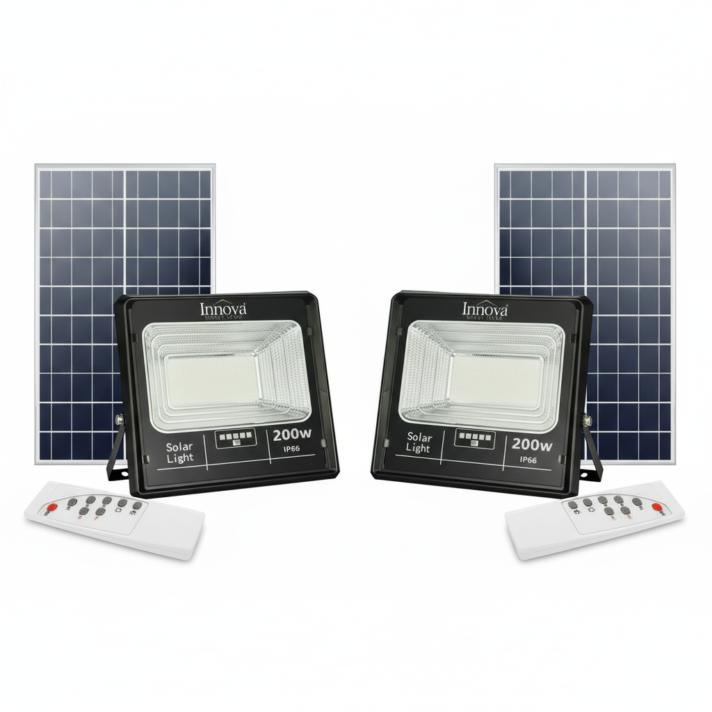 Set 2 x Proiector LED INNOVA 200W Cu Panou Solar si telecomanda, IP66 + Cadou Surpriza