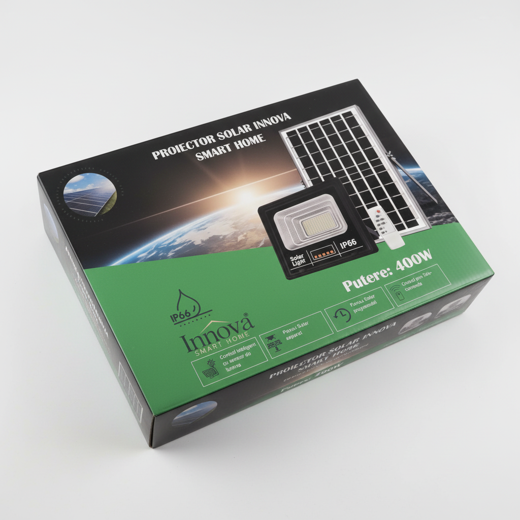 Set 2 x Proiector LED INNOVA 400W Cu Panou Solar si telecomanda, IP66 + Cadou Surpriza