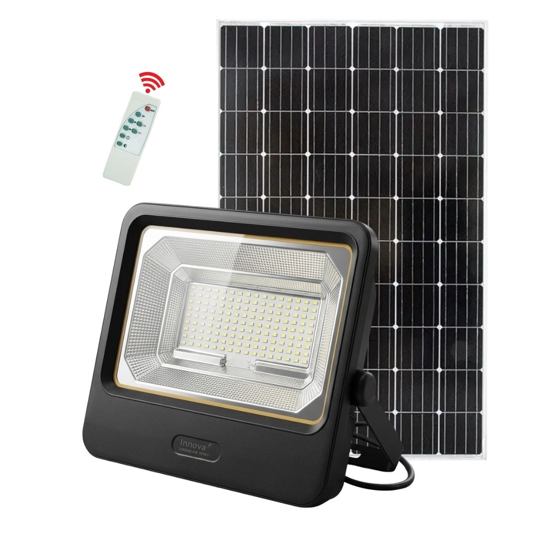 Set 2 Proiectoare Solare LED 1000W Innova Smart Home Cyborg, IP67, Panouri Solare 45x35 cm și Telecomenzi