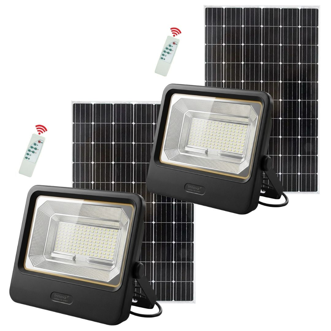Set 2 Proiectoare Solare LED 1000W Innova Smart Home Cyborg, IP67, Panouri Solare 45x35 cm și Telecomenzi