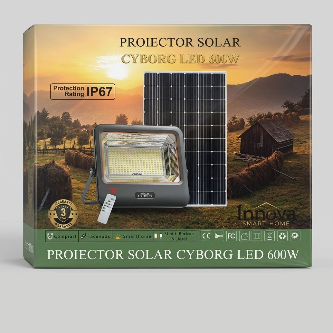 Set 2 Proiectoare Solare LED 600W Innova Smart Home Cyborg, IP67, Panouri Solare 35x29 cm și Telecomenzi