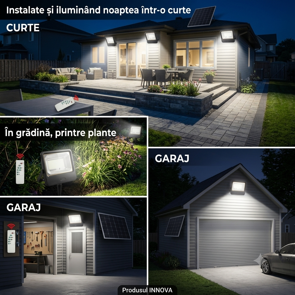 Proiector Solar LED 600W/800W/1000W Innova Smart Home Cyborg, IP67, Panou Solar 35x29 cm și Telecomandă