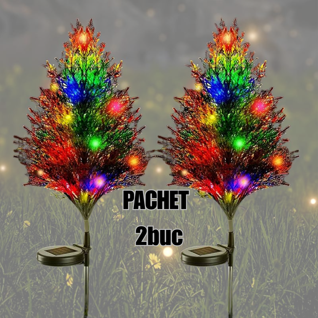 Set 2 x Copaci Tuia Solari Decorativi cu 10 LED-uri Multicolore, 70 Ramuri, Înălțime 80 cm, Iluminare Automată cu Energie Solară