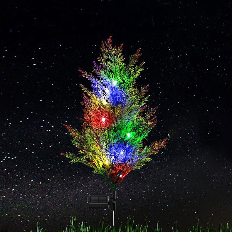 Set 4 x Copaci Tuia Solari Decorativi cu 10 LED-uri Multicolore, 70 Ramuri, Înălțime 80 cm, Iluminare Automată cu Energie Solară