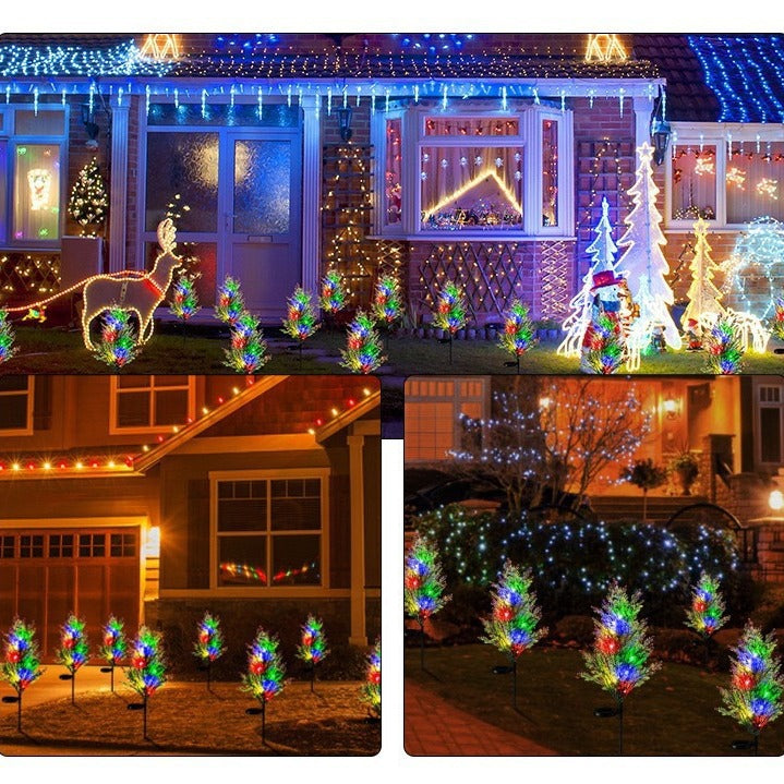 Set 2 x Copaci Tuia Solari Decorativi cu 10 LED-uri Multicolore, 70 Ramuri, Înălțime 80 cm, Iluminare Automată cu Energie Solară