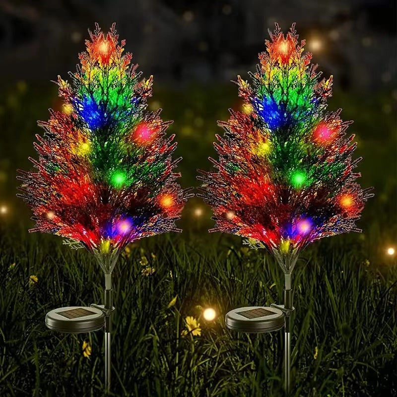Set 2 x Copaci Tuia Solari Decorativi cu 10 LED-uri Multicolore, 70 Ramuri, Înălțime 80 cm, Iluminare Automată cu Energie Solară