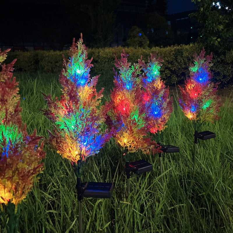 Set 4 x Copaci Tuia Solari Decorativi cu 10 LED-uri Multicolore, 70 Ramuri, Înălțime 80 cm, Iluminare Automată cu Energie Solară