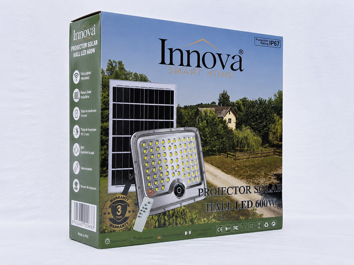Set 2 Proiectoare Solare LED 600W Innova Smart Home Hall, IP67, Panouri Solare 35x35 cm și Telecomenzi