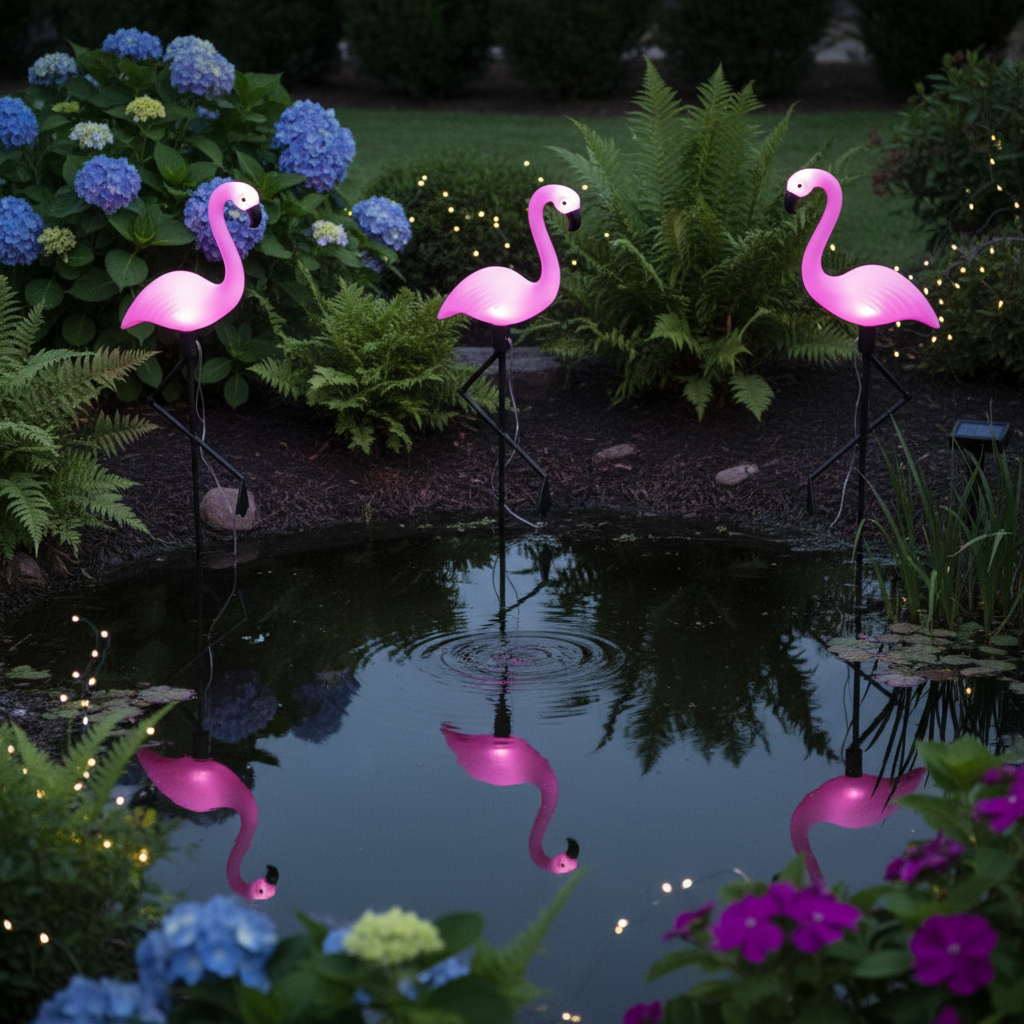 Set 3 x Figurine Flamingo Solare pentru Grădină cu LED-uri, Panou Solar și Senzor de Lumină, Rezistente la Intemperii
