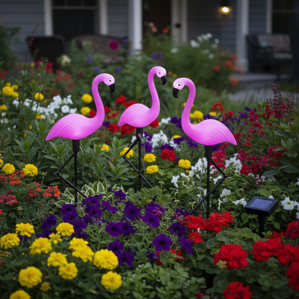 Set 3 x Figurine Flamingo Solare pentru Grădină cu LED-uri, Panou Solar și Senzor de Lumină, Rezistente la Intemperii