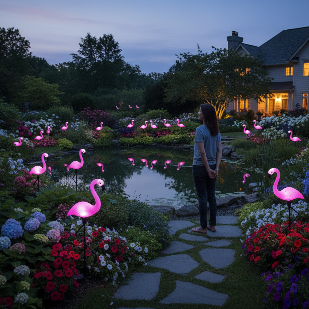 Set 3 x Figurine Flamingo Solare pentru Grădină cu LED-uri, Panou Solar și Senzor de Lumină, Rezistente la Intemperii